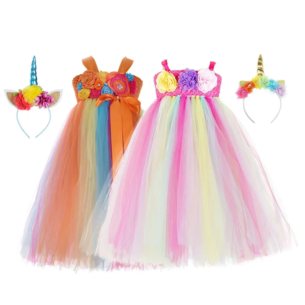 تصميم جديد للأطفال فستان قوس قزح رقيق زهرة جزء ارتداء يونيكورن فتاة توتو زي
