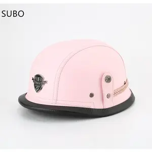 SUBO粉色高品质皮革包边德国头盔电机复古滑板户外运动滑雪面罩可爱摩托车头盔