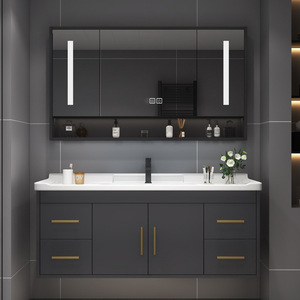 خزانة حمام فاخرة حديثة من الخشب الصلب مع مرآة حمام بإضاءة LED وحوض سيراميك مدمج قائم على الأرض - Product Image 1