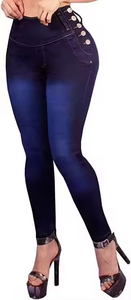 Celana <span class=keywords><strong>Jeans</strong></span> sobek untuk wanita, celana Denim pinggang tinggi elastis dengan desain unik, dekorasi lipit pas badan lima kancing - Product Image 5