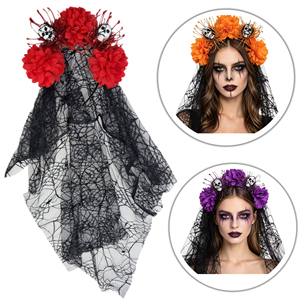 Corona de Flores del Día de Muertos con Velo Negro y Diadema de Calaveras para Disfraces de Halloween - Product Image 1