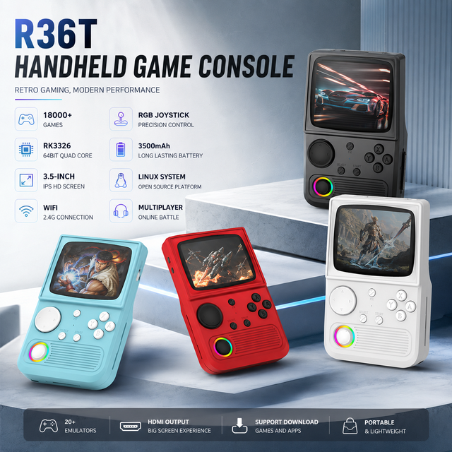 R36T Portable Game Console 3.5 Inch IPS Screen Linux System RK3326 64GB 18000+ Games WiFi Multiplayer RGB Joystick Arcade Gift