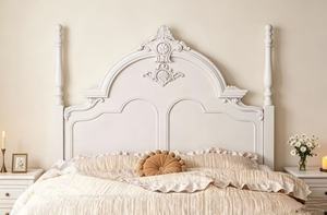 Premium Queen Size White Wood Spindle <b>Bed</b> With Ornate Carved Floral Headboard For French Country Bedroom - Product Image 6