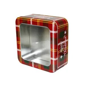 Tin Can Supplier Food Grade Square Christmas Tin Box For Present Packaging Christmas Theme Abstract Gift Package Tin Case With Clear PVC Window