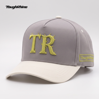 Casquette de baseball structurée à 5 panneaux personnalisée, bicolore gris et blanc, avec logo TR brodé, visière incurvée, en sergé de coton, vente en gros