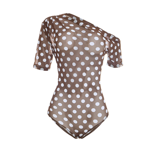 Viviblook J26BS139 Women Summer <b>Bodysuit</b> New Sexy Polka Dot Mesh <b>Sheer</b> Off Shoulder Asymmetry Short Sleeved <b>Bodysuit</b> - Product Image 6