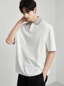 Men's Summer Casual <strong>White</strong> T-Shirt Contrast Color Short- &amp; Half-Sleeved for <strong>Polo</strong> High-End Style <strong>Top</strong> with Simple Solid Pattern - Product Image 4