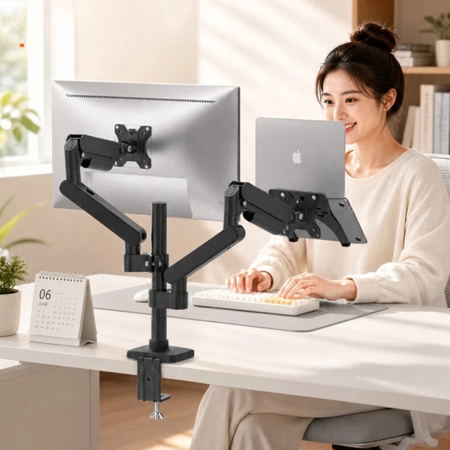 Factory Direct Black Aluminum Alloy 32" Dual Monitor Desk Mount Height-Adjustable Gas Spring Arm,Max Load 10kg Per Screen