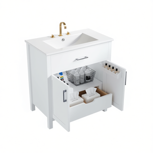 Meuble-lavabo de salle de bain 30 pouces avec vasque en céramique, grand espace de rangement, design moderne sur pied pour petites salles de bain - Product Image 1