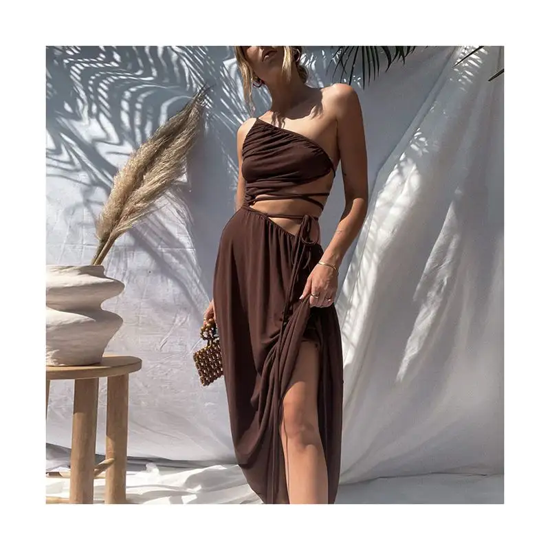 2021 Dress Lace Up Back Show Maxi Dresses Sexy Women Ruched One Shoulder Brown Cut Out Casual Dress Women