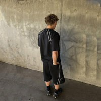 Herenset 2-delig, ademend, zomerprint, terry, contrast piping, korte mouwen, t-shirt, shorts, streetwear, aangepast logo, groothandel