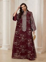 Robe longue élégante perlée rose, style modeste, pour femmes musulmanes, tunique indonésienne, style marocain, en polyester, Abaya, pour mariage, Aïd, motif floral, col en V