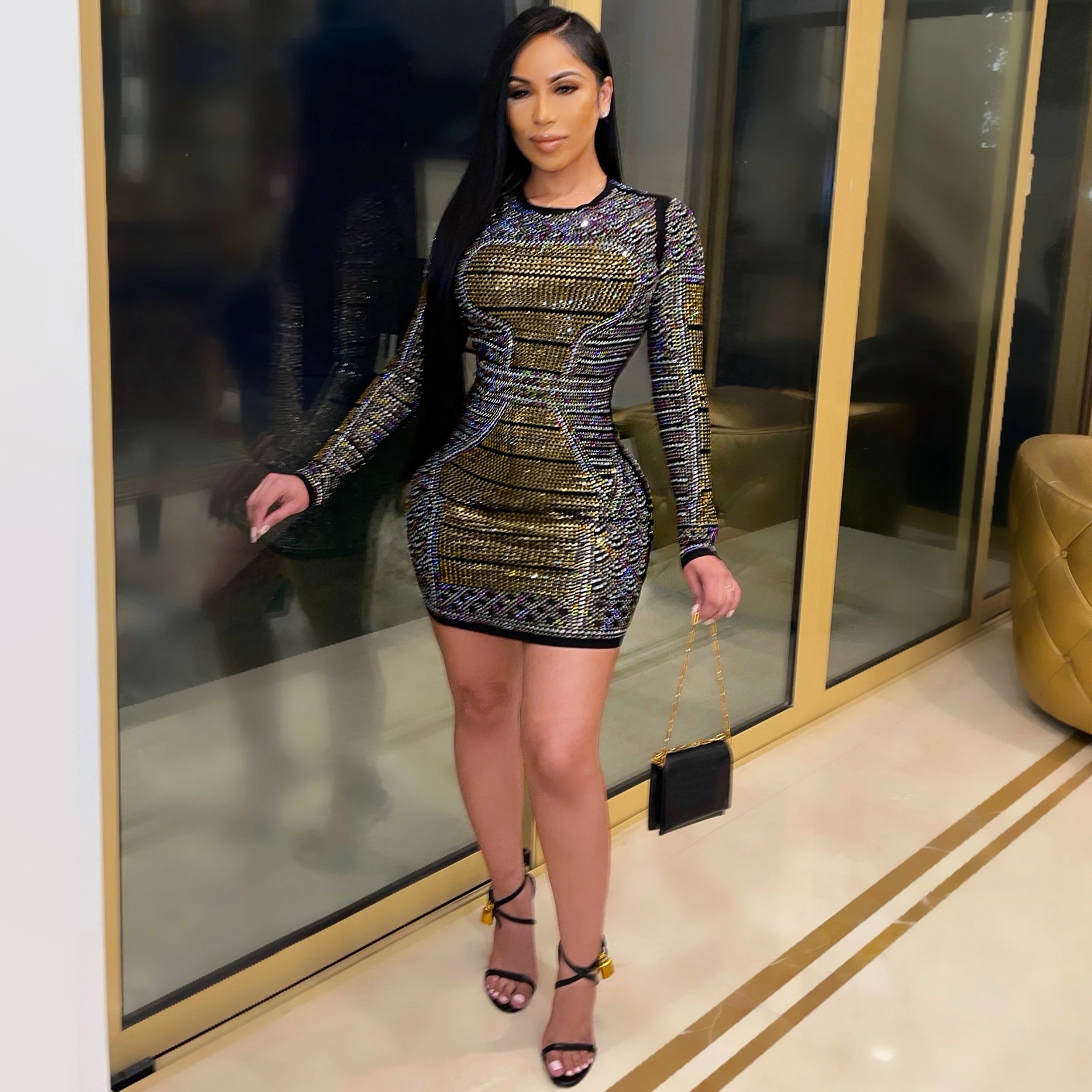 Новинка 2021, тренд, Прямая поставка, летние и осенние женские Роскошные платья с длинным рукавом, горячее тиснение, блестящие платья со стразами для ночного клуба