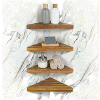 Étagère de douche d'angle triangulaire moderne à quatre niveaux en bois d'acacia, à fixation murale pour salle de bain, sans perçage requis