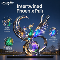 Sculpture d'art métallique Phénix lumineux en acier inoxydable poli miroir avec ailes LED, pour place de nuit, monument, statue, fabrication sur mesure