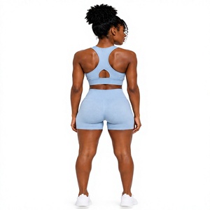 Victoria Sport Women's Light Blue Ribbed <b>Crop</b> <b>Top</b> & Shorts Set Scoop Neck Racerback Breathable Fitness Wear Medium <b>Support</b> - Product Image 3