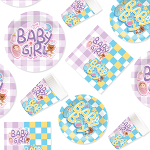 Juego de vajilla desechable para fiesta de revelación de género de bebé DAMAI, platos de papel con diseño a cuadros para suministros de baby shower, para 8 personas. - Product Image 3