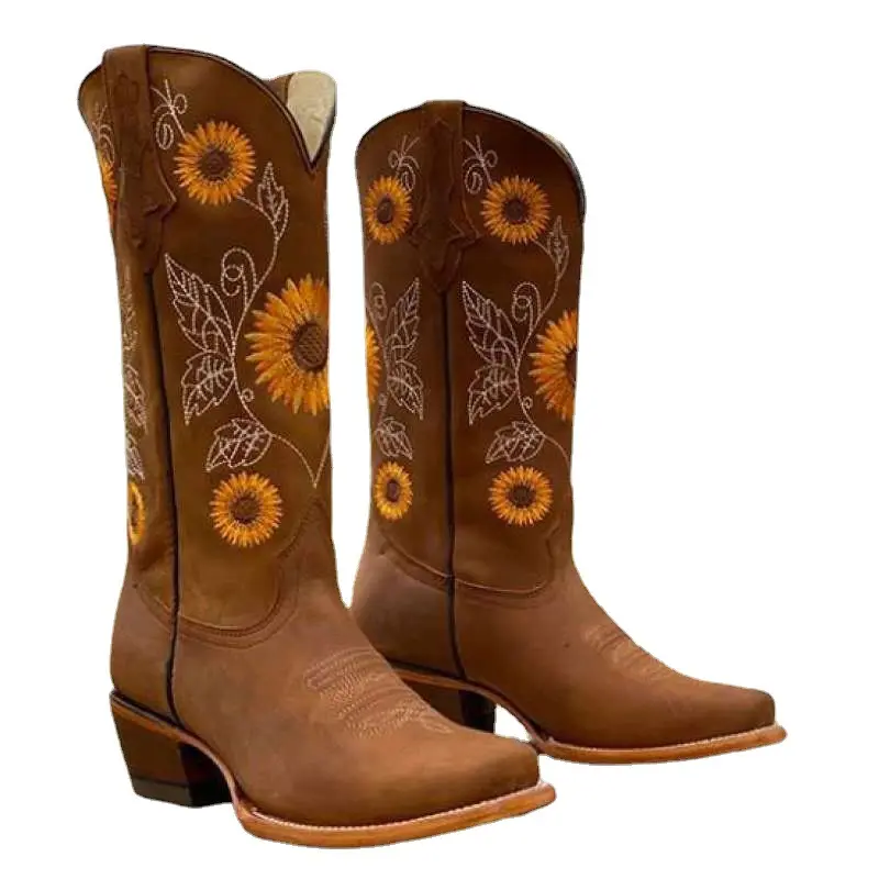 Bottes de Cowboy rétro de grande taille, bottes de motard à talons hauts, manches à hauteur de genou, style occidental, pour femmes