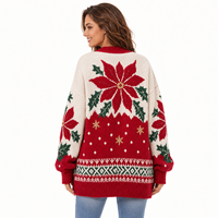 Cardigan de Noël surdimensionné pour femme, motif Poinsettia, col en V, boutonné, manches longues, style Fair Isle, veste en tricot pour les fêtes