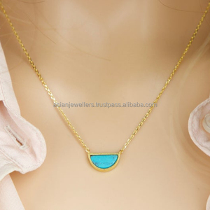 Collar de plata de ley 925 con piedra preciosa turquesa, de media luna, delicado, dorado, vermeil - Product Image 1
