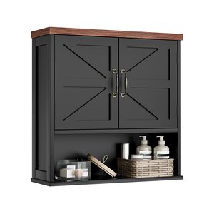 Gabinete de baño montado en la pared estilo granja SENYU con puertas correderas y estantería abierta - Product Image 1