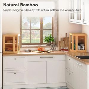 Boîte à pain en bambou à double porte, rangement à 2 niveaux, armoire à pain en bois pour la cuisine - Product Image 5
