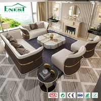 Ensemble de salon en cuir véritable bicolore de luxe léger avec table basse hexagonale en marbre, personnalisation complète pour villa