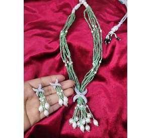 Ensemble de pendentif Mala avec perles hydrogel longues et boucles d'oreilles en acier inoxydable, collier pour mariage et soirées, couleur verte - Product Image 2