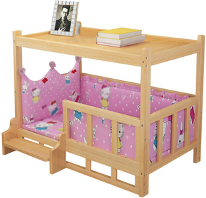 Junji เตียงแมวทำจากไม้สองชั้น, เตียงสัตว์เลี้ยงไม้แข็งยกสูงโต๊ะข้างเตียงที่นอนมีบันไดรั้วกั้นสุนัข - Product Image 2