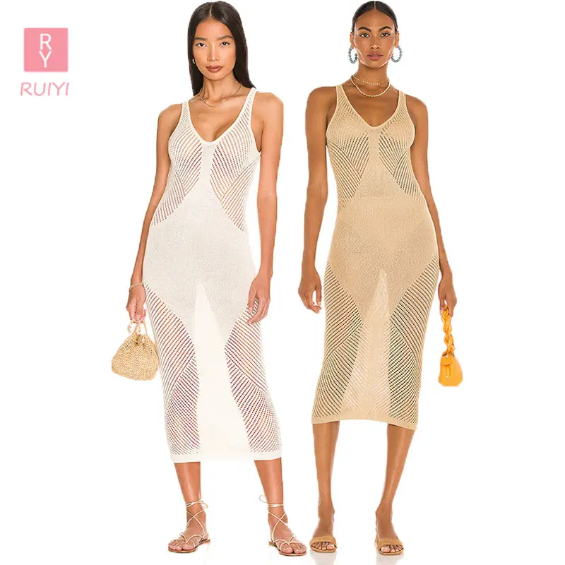 RUIYI nouvelle blouse sexy plage blanche tricotée longue robe femmes été crochet plage couverture ups