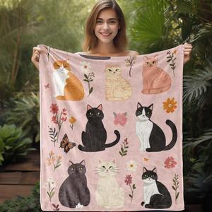 Pink Floral <b>Cat</b> Collection Flannel Blanket Throw Blanket Nap Blanket Fade Resistant Lightweight for Home Office Nap Custom Print - Product Image 1