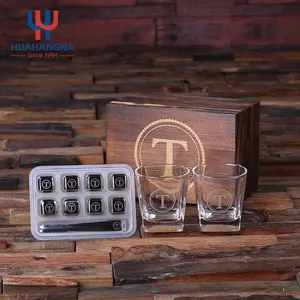 Individuelles Logo graviert personalisiert Whiskey Scotch-Gläser und Edelstahl Metallkühlung 8 Eiswürfel mit Holz-Geschenkbox