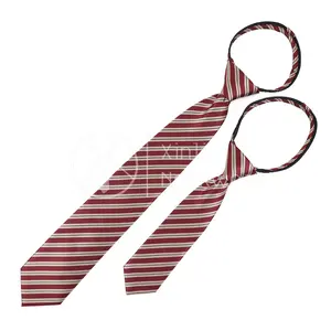 Manufacturer Wine Red Polyester Striped Zipper Ties Father Son Adjustable Two Sizes Easy Wearing Cheap School Ties