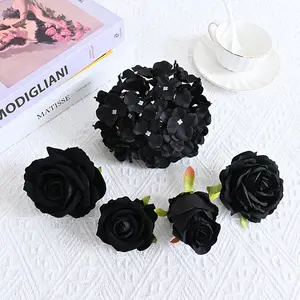 K-0624 bunga penyiangan hitam dekorasi Halloween kepala hydrangea mawar bunga sutra hitam