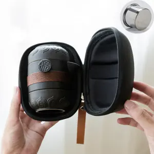 热卖黑色便携式旅行茶具陶瓷功夫茶壶和茶杯户外套装，带手提袋