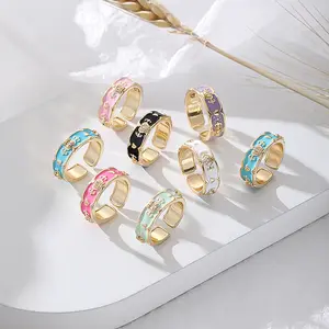 Zooying Enamel Ring Brass 18K Real Gold Plated Ring Colorful Enamel Crystal Cuff Adjustable Size fashion rings jewelry women