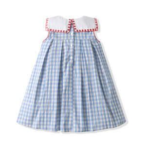 Robes d'été sans manches pour filles, en tissu à carreaux 100% coton, col brodé, robes pour bébés, vêtements personnalisés pour filles de 12 mois - Product Image 3