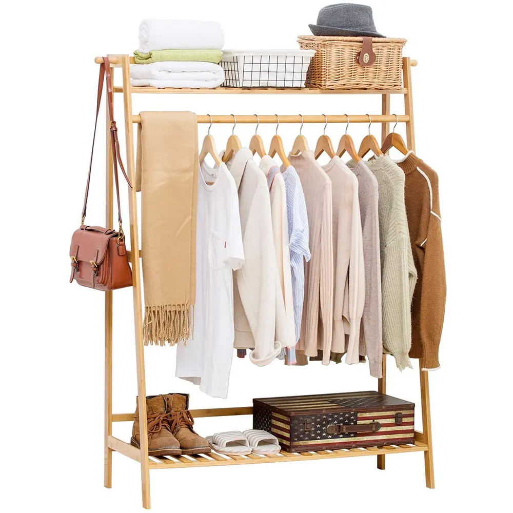 New design natural bamboo wooden coat clothes hanging storage rack shelf organizer stand