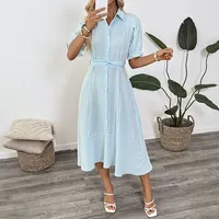 Robe chemise en polyester à manches bouffantes rayées, coupe ajustée, pour femmes, toutes saisons, en bleu, style bureau
