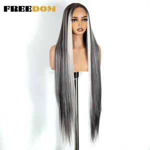 Perruques synthétiques à dentelle frontale FREEDOM pour femmes, modèle L-STRAIGHT, 38 pouces de long, lisses, pour cosplay brun, blond, rose, rouge, blanc - Product Image 4
