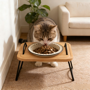 Support <span class=keywords><strong>en</strong></span> bois pour animaux de compagnie avec protection du cou, anti-choc et anti-déversement, options double/triple gamelle, design mignon - Product Image 2