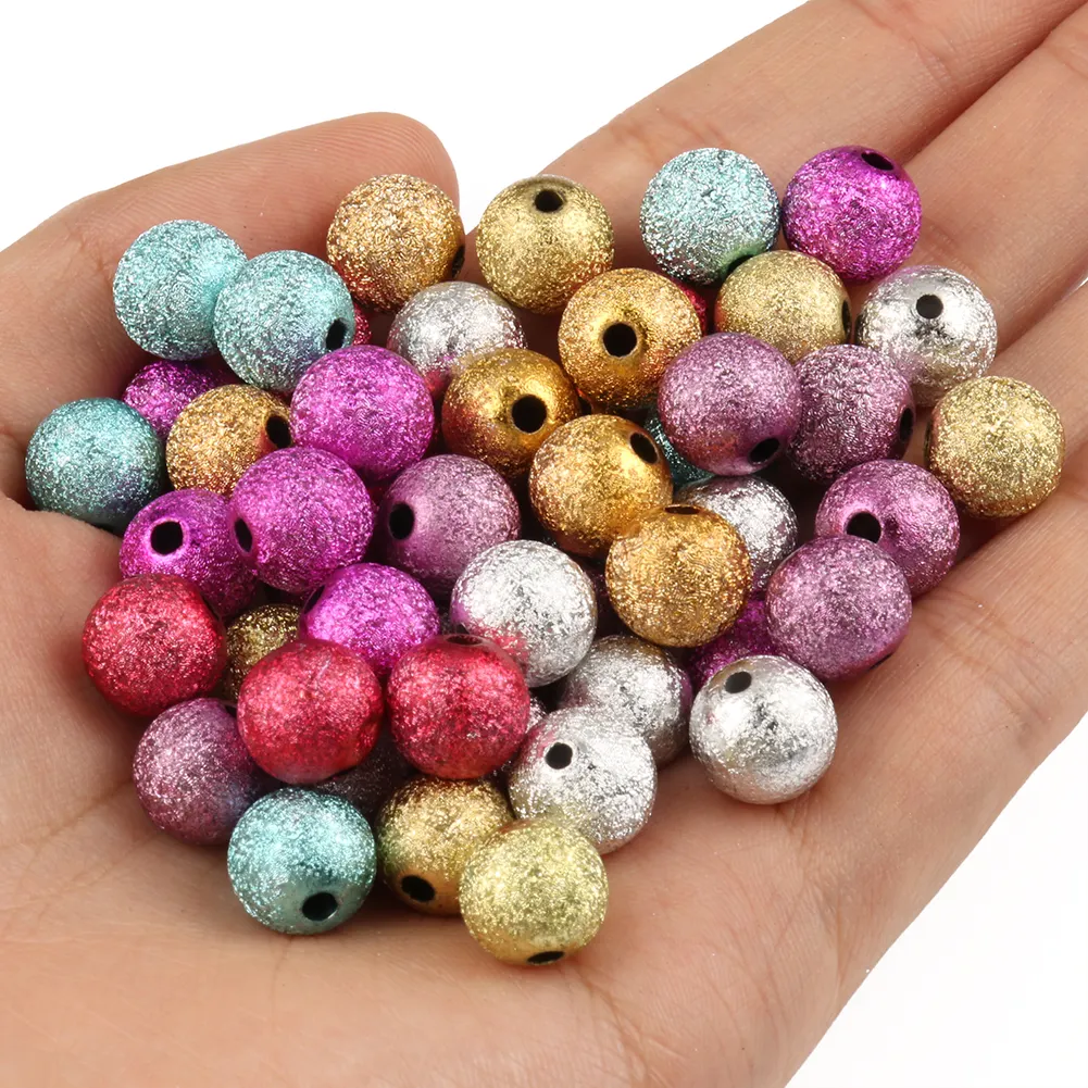 6/8/10/12mm Mixed Gold Rainbow Silver Beads for Jewelry Making Plated Frosted Beads Acrylic Round Ball Spacer Beads