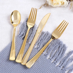 Premium Heavy Duty Gold Wedding Tenedores desechables Cucharas Cuchillos Juego de cubiertos de plástico - Product Image 3