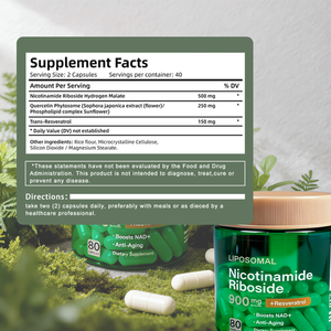 Complexe liposomal de nicotinamide riboside avec resvératrol et quercétine en capsules (80 unités) pour la réparation cellulaire et le soutien anti-âge - Product Image 4