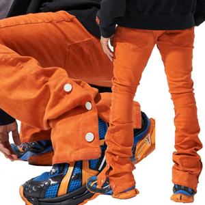 Jean en denim extensible coupe slim orange OEM avec boutons-pression et jambe large empilée pour homme - Product Image 5