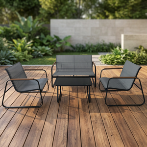 Set da Giardino Saint Martin per 4 Persone, Tavolo da Caffè in Acciaio Nero Resistente con Piano in Vetro, Resistente alle Intemperie, Capacità di Carico 75kg - Product Image 3