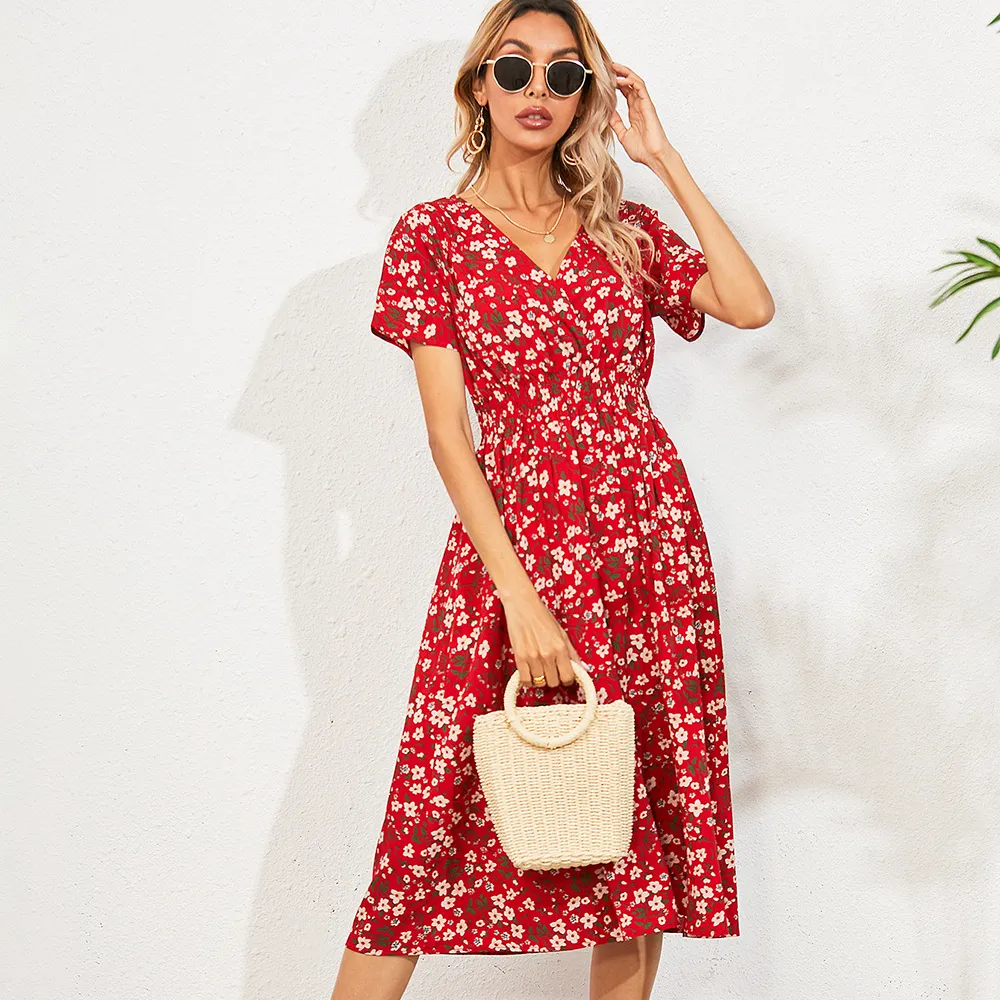 2023 Casual Short Sleeve Deep V Neck Boho Floral Print Midi Dress A Line Long Beach Women's Summer Casual Dress