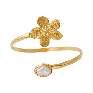 Gold Plated Flower <b>Cuff</b> Bracelet With Pearl Women's Bohemia Style Adjustable <b>Arm</b> Band Jewelry - Product Image 2