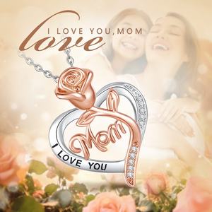 Joyería al por Mayor para el Día de la Madre, Collar con Colgante de Corazón de Flor de Rosa en Cobre Rodio, Grabado con la Frase "TE AMO MAMÁ" para Mujer - Product Image 5