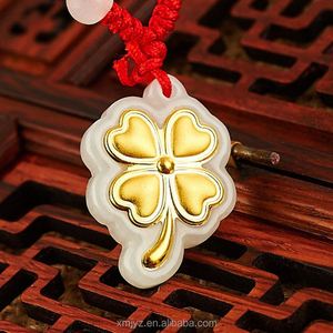 Liontin giok bertatahkan emas bersertifikat naga dan <span class=keywords><strong>Phoenix</strong></span>, hadiah pria dan wanita daun kacang hijau grosir - Product Image 4